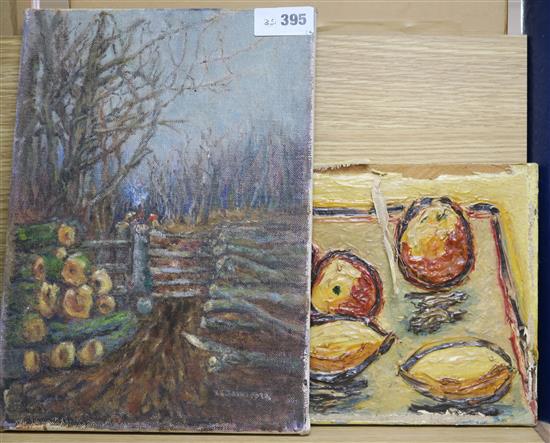 A. Ginet, oil on canvas, Still life of fruit on a table top, signed, 22 x 27cm and a small woodland scene by 36 x 25cm, both unframed